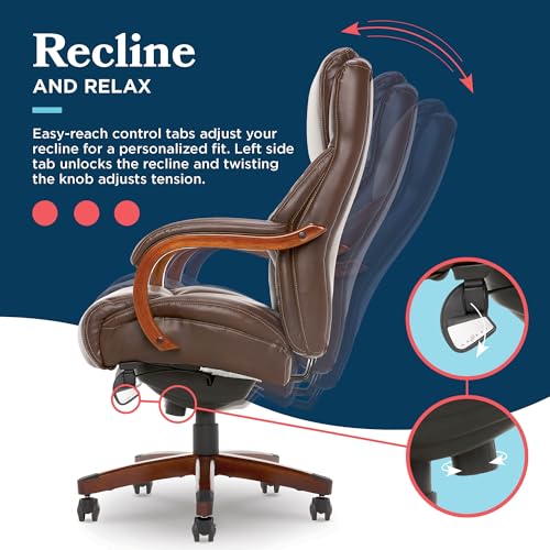 La-Z-Boy Delano Big & Tall Executive Office Chair, Ergonomic Mid-Back Body Pillow Lumbar Support, ComfortCore Memory Foam Cushion, Mahogany Wood Arms & Swivel Base, Bonded Leather, Chestnut Brown