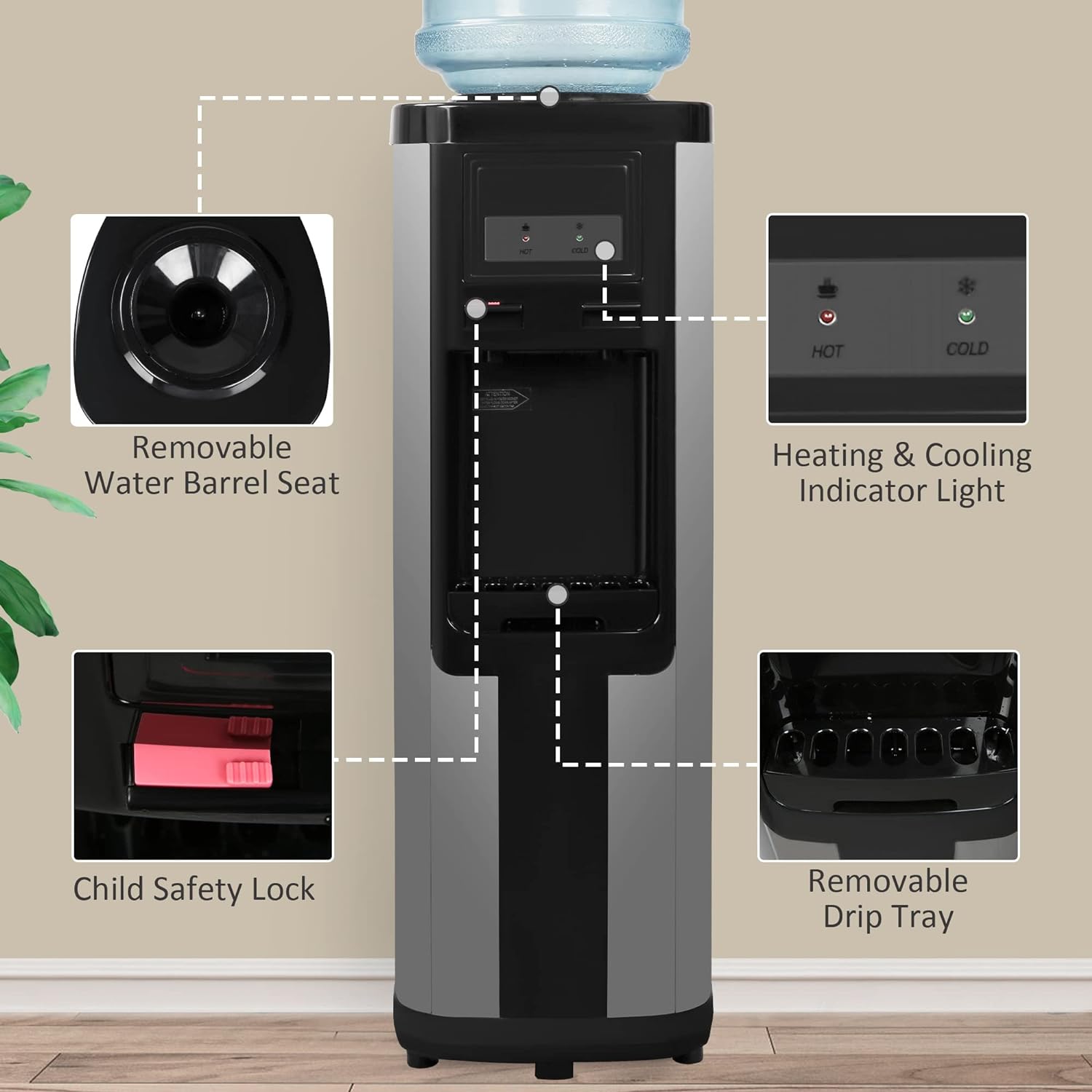 Top Loading Water Cooler Dispenser for 3 & 5 Gallon Water Bottles, Hot & Cold Water, Child Safety Lock, Stainless Steel, Black