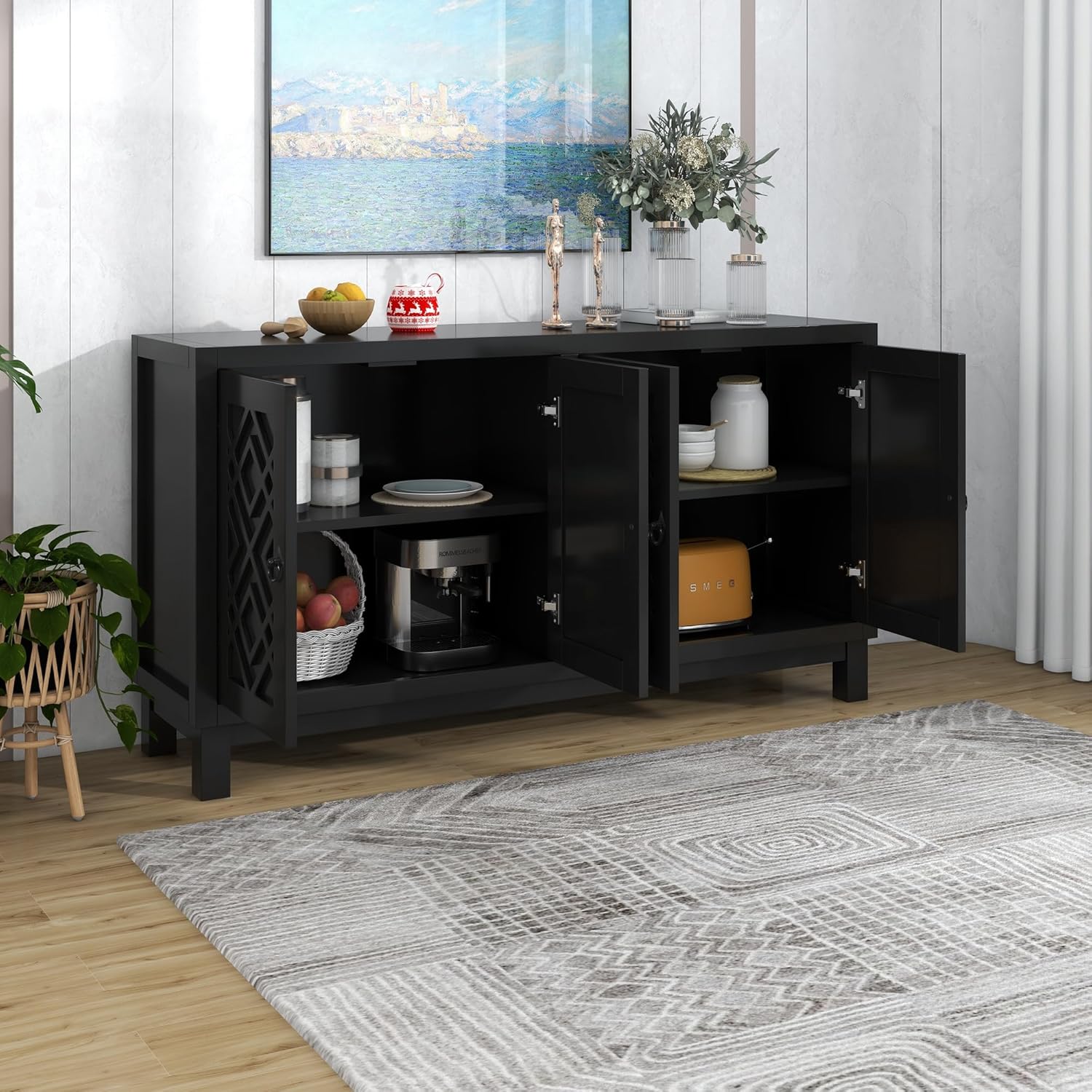Elegant Storage Cabinet Sideboard,4 Door Buffet Cabinet with Pull Ring Handles,Large Storage Space, Versatile Cabinet for Living Room, Dining Room（Black）