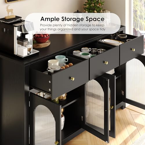 FINETONES Buffet Cabinet with Storage, 55.1" Large Sideboard Buffet Farmhouse Kitchen Cabinet with 3 Drawers and 4 Doors, Wood Coffee Bar for Kitchen, Black