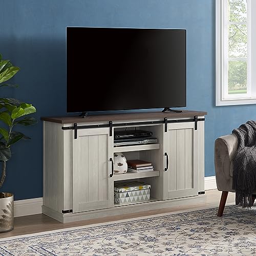 Farmhouse TV Stand with Sliding Barn Doors, Wood Entertainment Center with Media Console Storage Cabinet & Open Storage Space, for TV Up to 60", Television Stand for Living Room, Light Gray