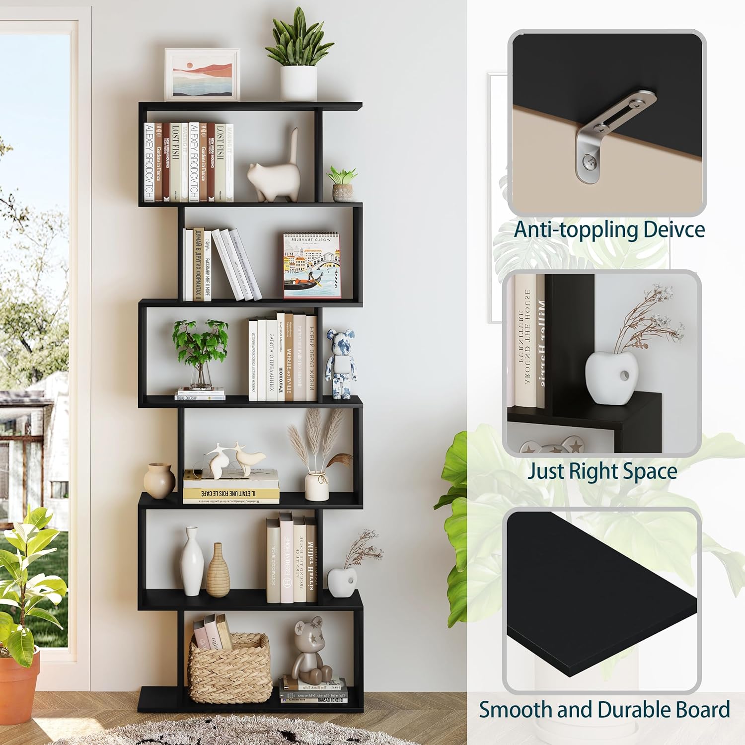 Yusong Bookshelf, Geometric Bookcase S Shaped Book Shelves Unit for Living Room, 6 Tier Tall Decorative Display Shelf for Bedroom, Study Room, Black