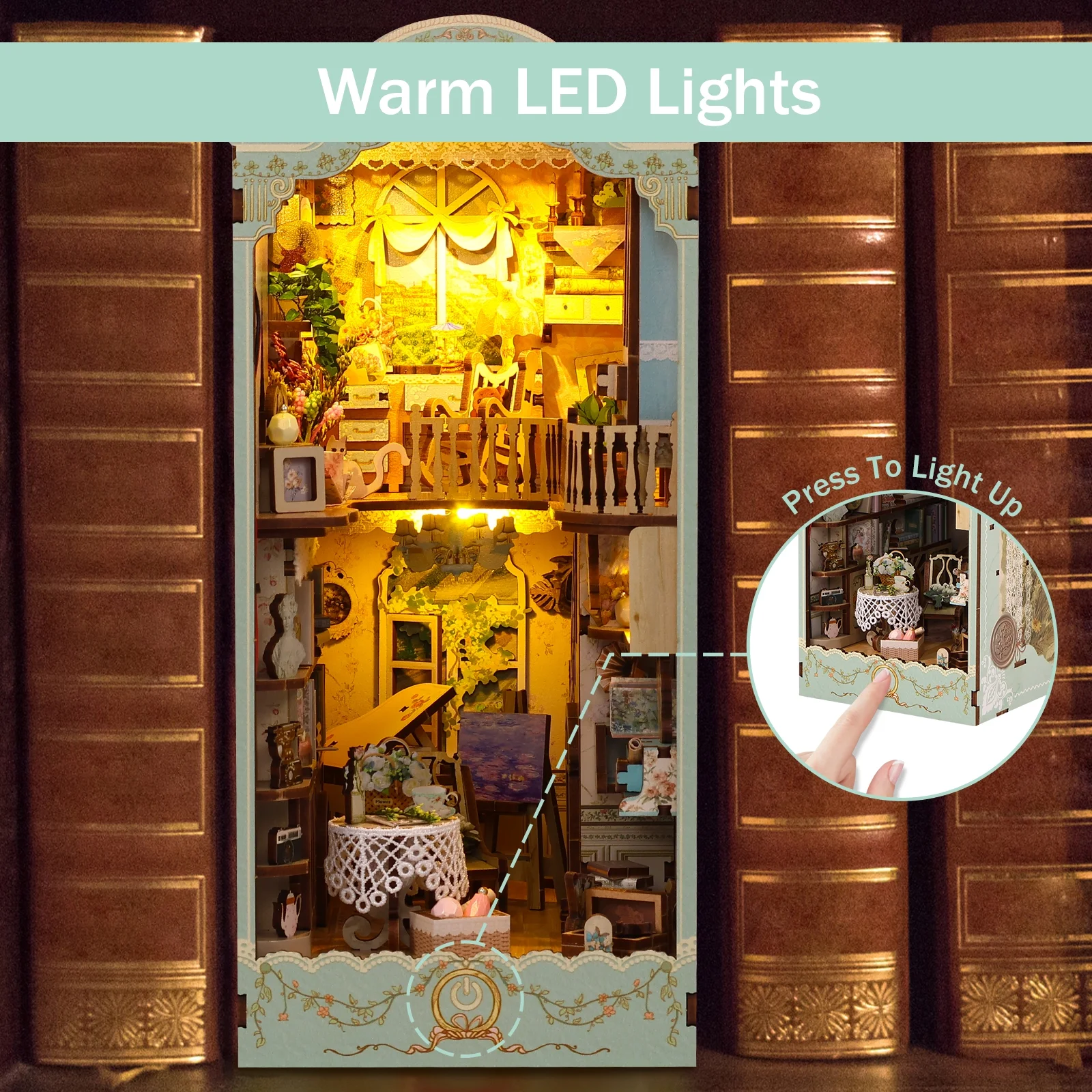 Morima DIY Book Nook Kit,3D Wooden Puzzle Bookshelf Insert Decor with LED Light,DIY Miniature Dollhouse Model Kit for Kids Adults