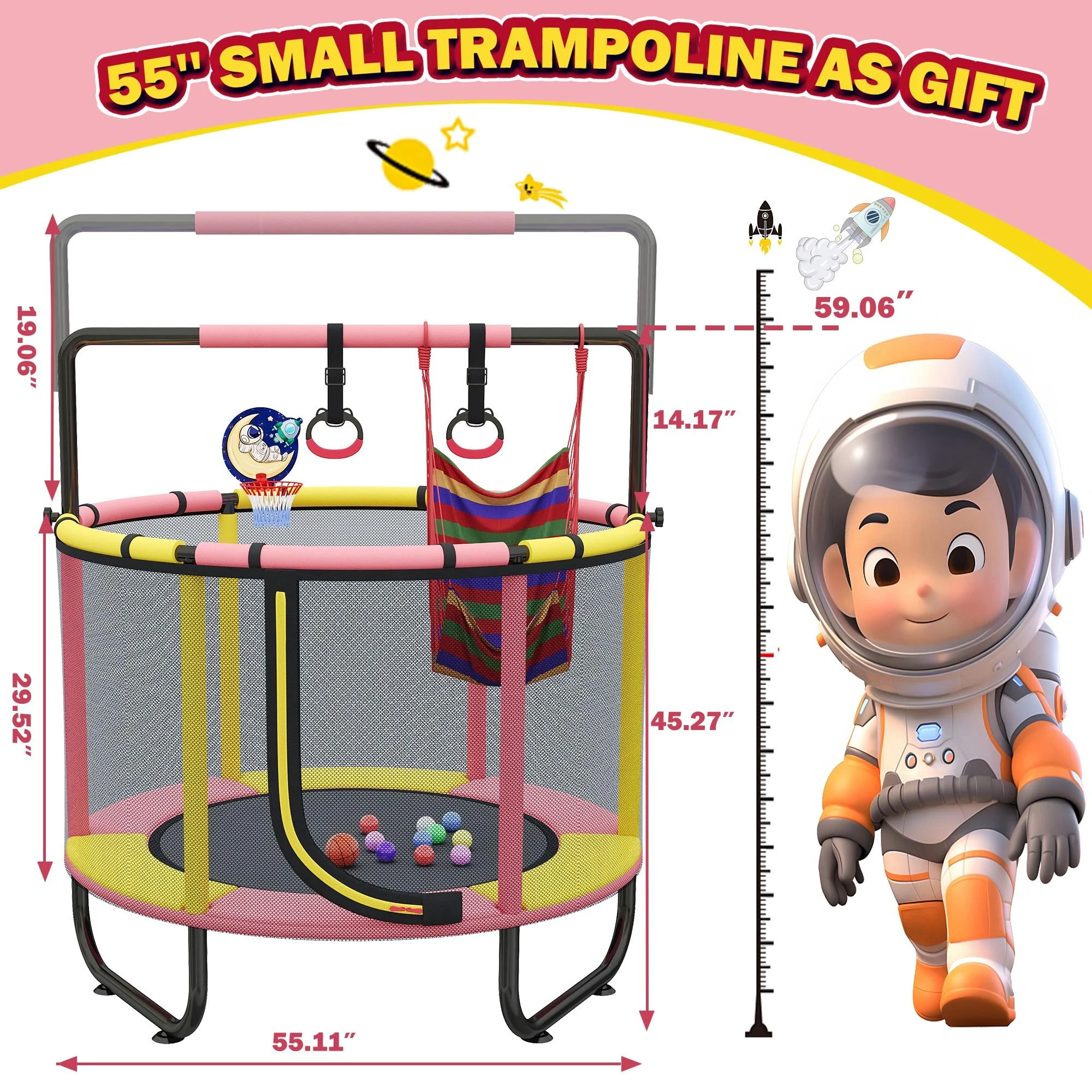 55'' Mini Trampoline for Kids, Small Toddler Trampoline with Enclosure, Indoor Outdoor Trampoline with Basketball Hoop, Adjustable Bar and Rings, Swing and Boxing Bag