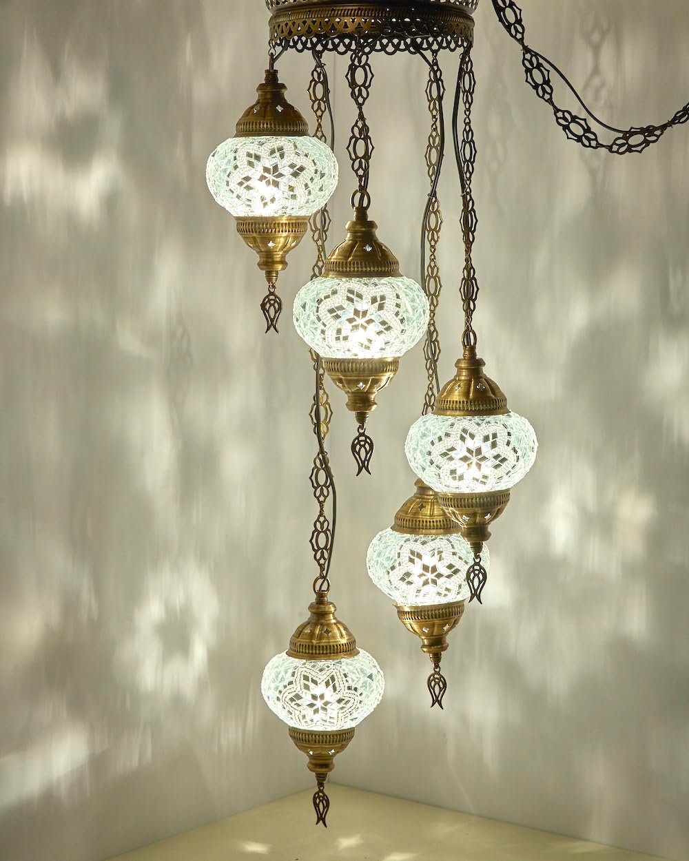 DEMMEX PLUGIN Turkish Moroccan Mosaic Chandelier Light, Ceiling Hanging Lamp Pendant Light Fixture with 15ft 4.5mt Cord Chain and Plug, Handmade, Customizable (5 Globes PLUGIN, 42"- 105cm Height)