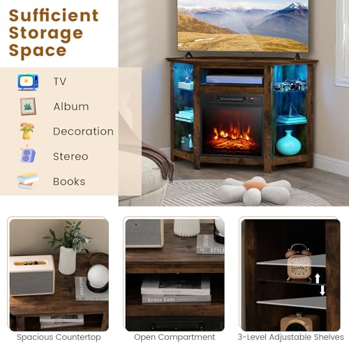 Fireplace Corner TV Stand, Entertainment Center for 50 Inch TV w/LED Lights Adjustable Shelves Overheat Protection Remote/APP Control, TV Console w/Built-in Electric Fireplace (Rustic Brown)