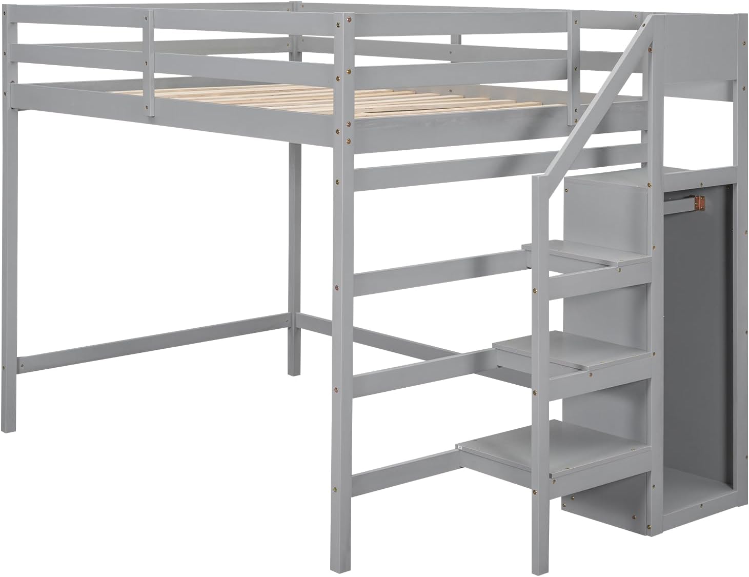 Bellemave Full Size Loft Bed with Storage Staircase and Wardrobe for Clothes,Wood Loft Bed Frame with Stairs for Teens,Kids,Space Saving(Gray)