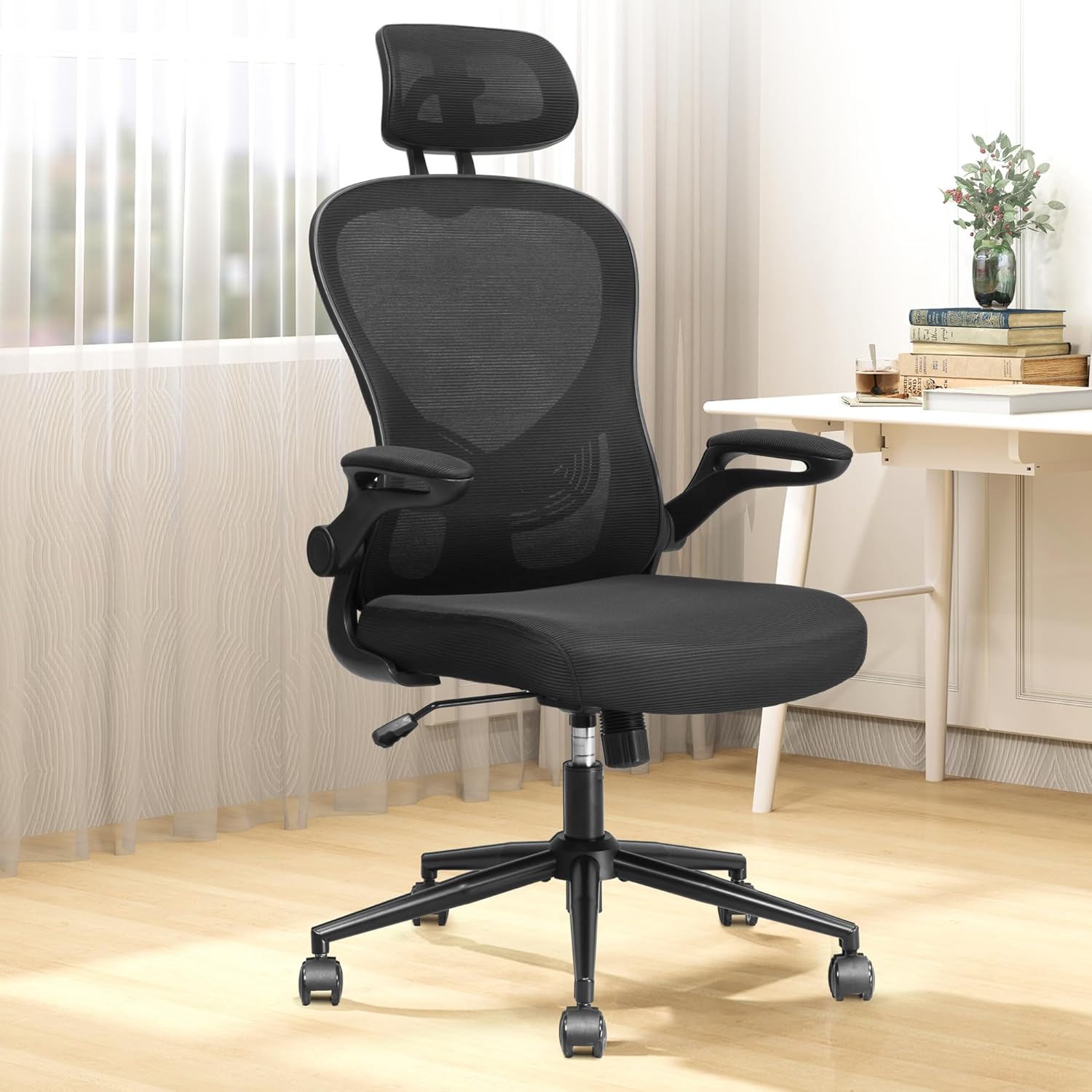 Ergonomic Office Chair, High Back Office Desk Chair with S-Shaped Backrest, Adjustable Lumbar Support, Headrest, Flip-up Armrest, Mesh Computer Chair for Home Office（Black）