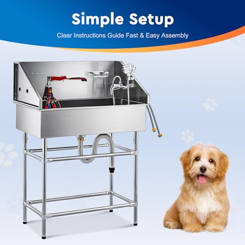CO-Z 50” Dog Bathing Station for Large Dogs, Professional Dog Grooming Tub Pet Dog Washing Station for Home, Large Dog Bathtub with 304 Stainless Steel Tank, Removable Floor Grate, Steps, Faucet