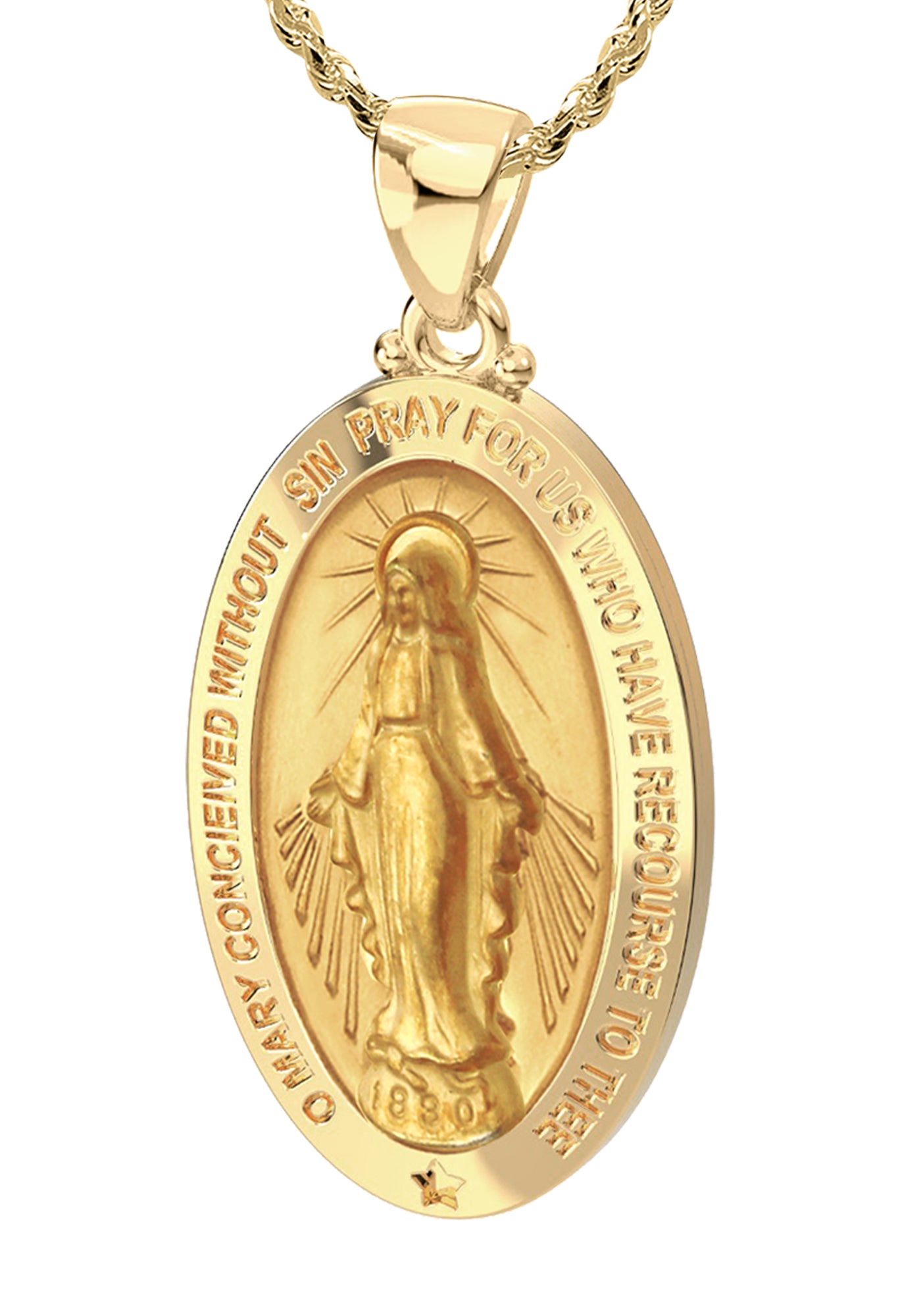 Ladies 14K Yellow Gold Miraculous Virgin Mary Hollow Oval Polished Pendant Necklace, 26mm