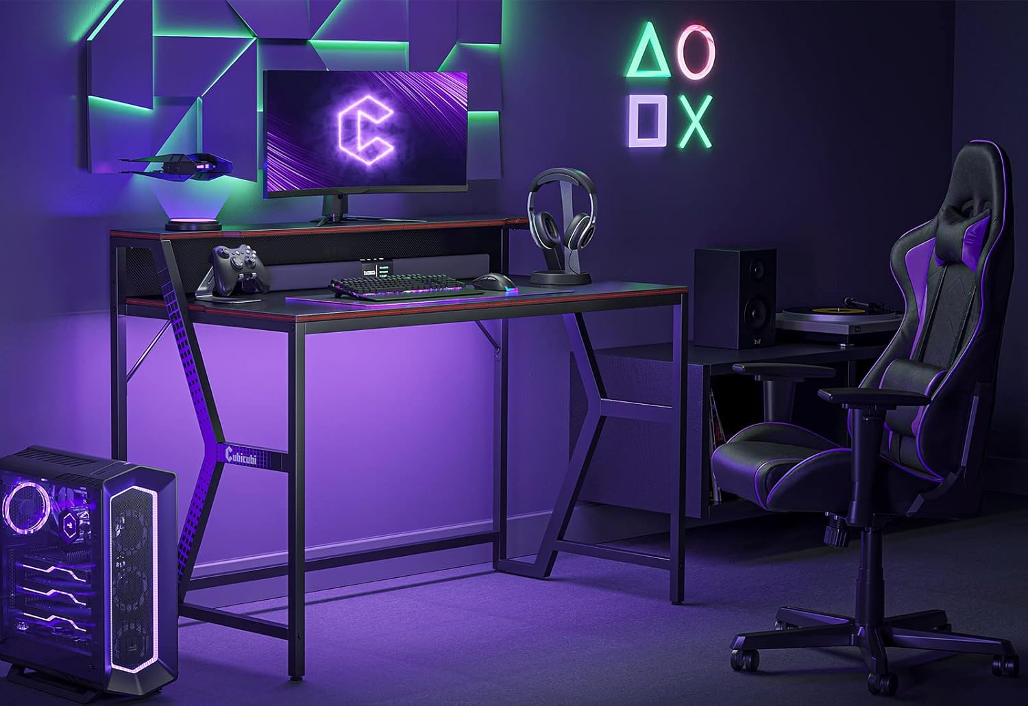 CubiCubi Carrier Gaming Desk 47 inch Gamer Workstation, Home Computer Carbon Fiber Surface Gaming Desk PC Table with Monitor Stand