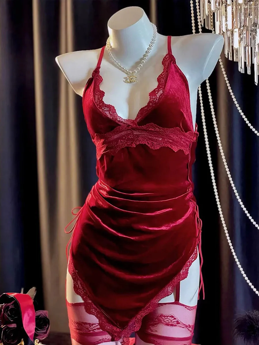 'Burning Wine' Red Lace Sexy Split Lingerie Dress For Valentines Day