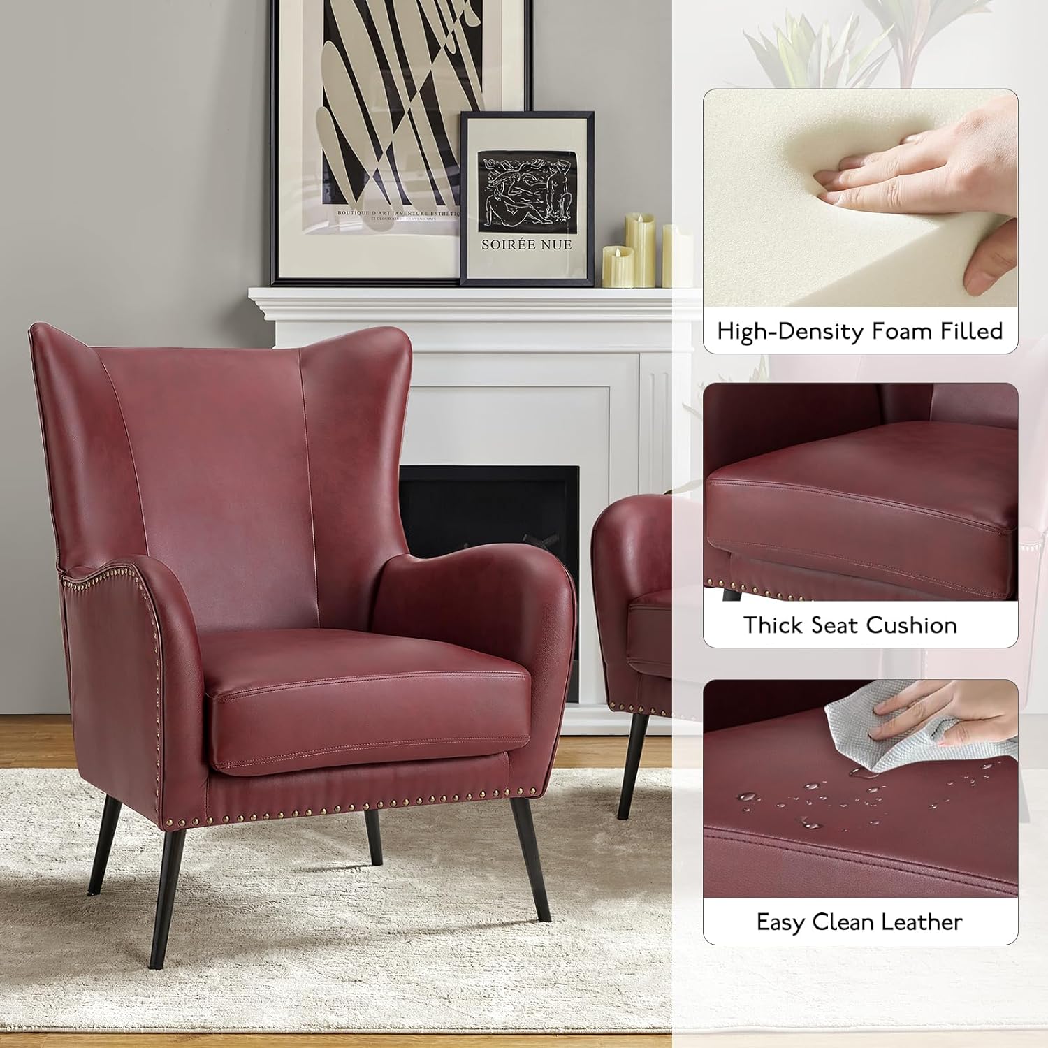 Faux Leather Accent Chair Set Of 2 W/Removable Cushion, Comfy Upholstered Armchair With Metal Legs & Nailhead Trim Wingback Vanity Chair Desk Chair For Reading Living Room Bedroom,BURGUNDY