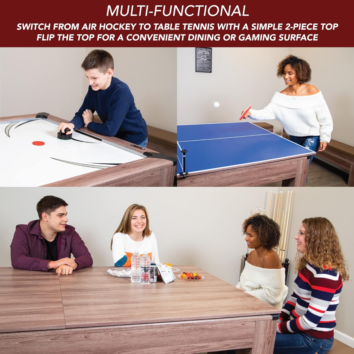 Hathaway Driftwood 7-ft Air Hockey Table Tennis Combination with Dining Top, Two Storage Benches, Free Accessories