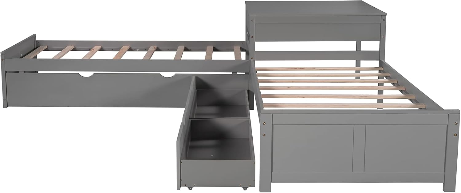 L-Shaped Platform Bed with Trundle and 2 Storage Drawers, Wooden Twin Corner Daybed Frame Linked with Built-in Square Desk, No Noise,for 3 Kids, Teens, Boys, Girls Living Room Bedroom