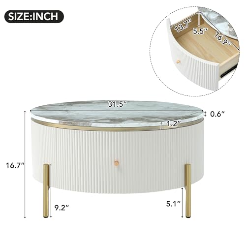 Modern Round Lift-top Nesting Coffee Tables with 2 Drawers for Living Room White & Natural