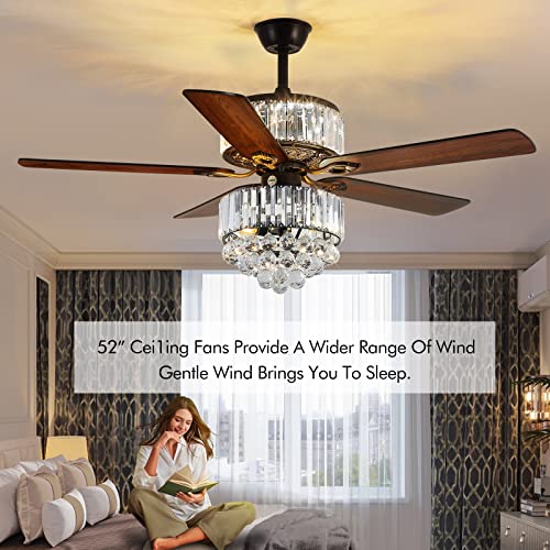 Modern K9 Crystal Fandelier Ceiling Fan with Lights and Remote Control,Outdoor Chandelier Ceiling Fan for Farmhouse,Dining Room,Living Room