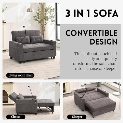 3 in 1 Convertible Sleeper Chair Bed,Pull Out Chair Sleeper with USB Ports and Cup Holders,Sleeper Sofa Bed Chair with Adjustable Backrest for Living Room (Blue, Sleeper Chair)