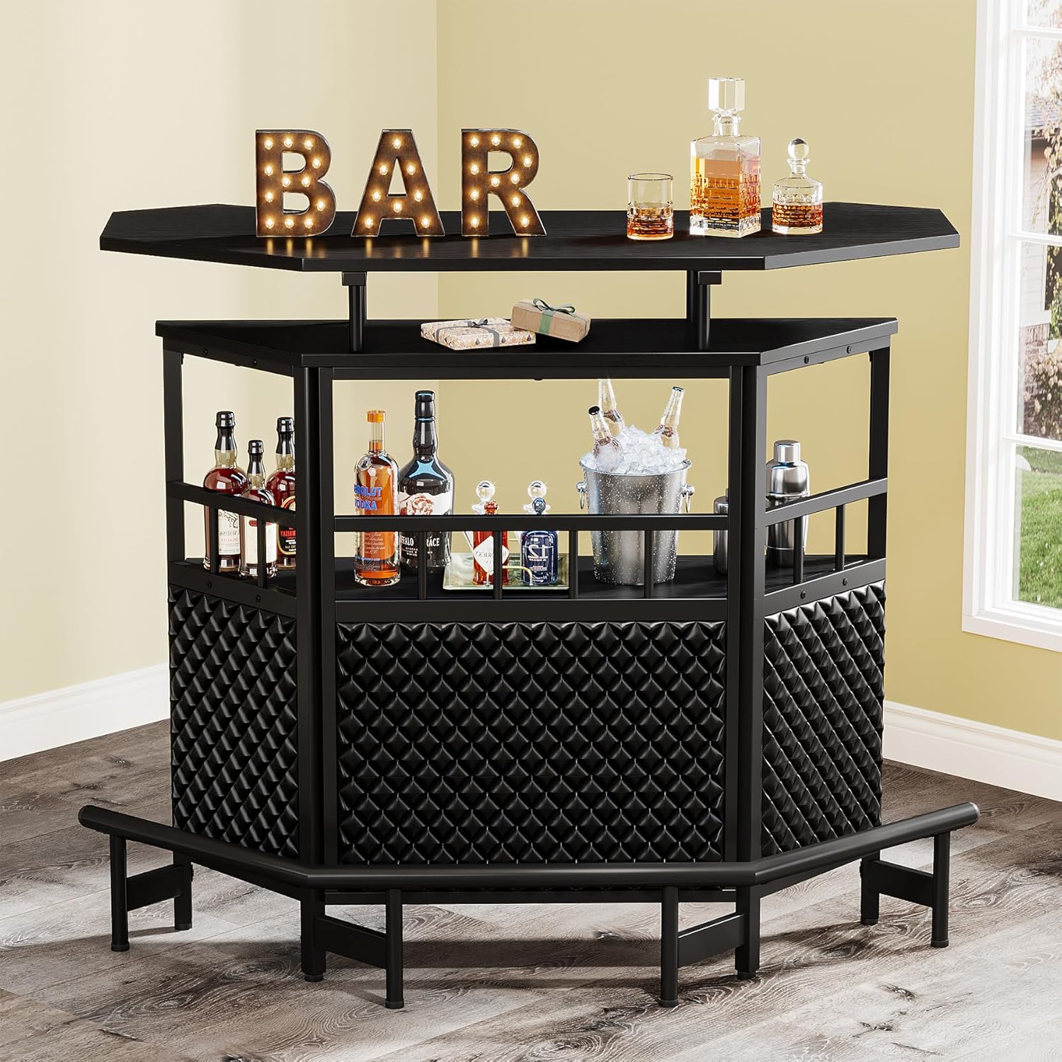 Bar Unit for Liquor, 4 Tier Home Bar Cabinet with Stemware Rack, Storage Shelf and Footrest, 47.24" L x 20.86" W x 43.3" H, Black