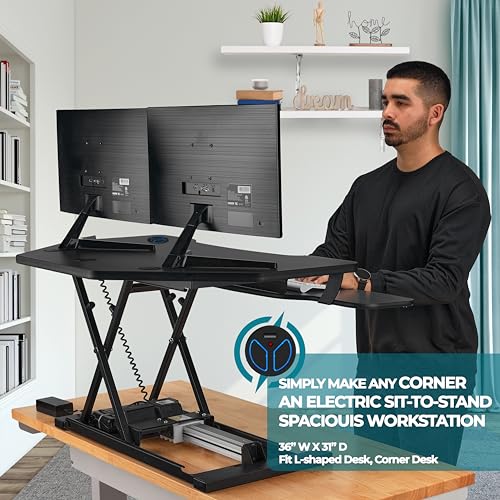VERSADESK® PowerPro™ 36" Corner Standing Desk Converter, 36 Inch Motorized Height-Adjustable Standup Desk Riser Sit to Stand Desktop with Keyboard and Mouse Tray + USB Charging Port, Black