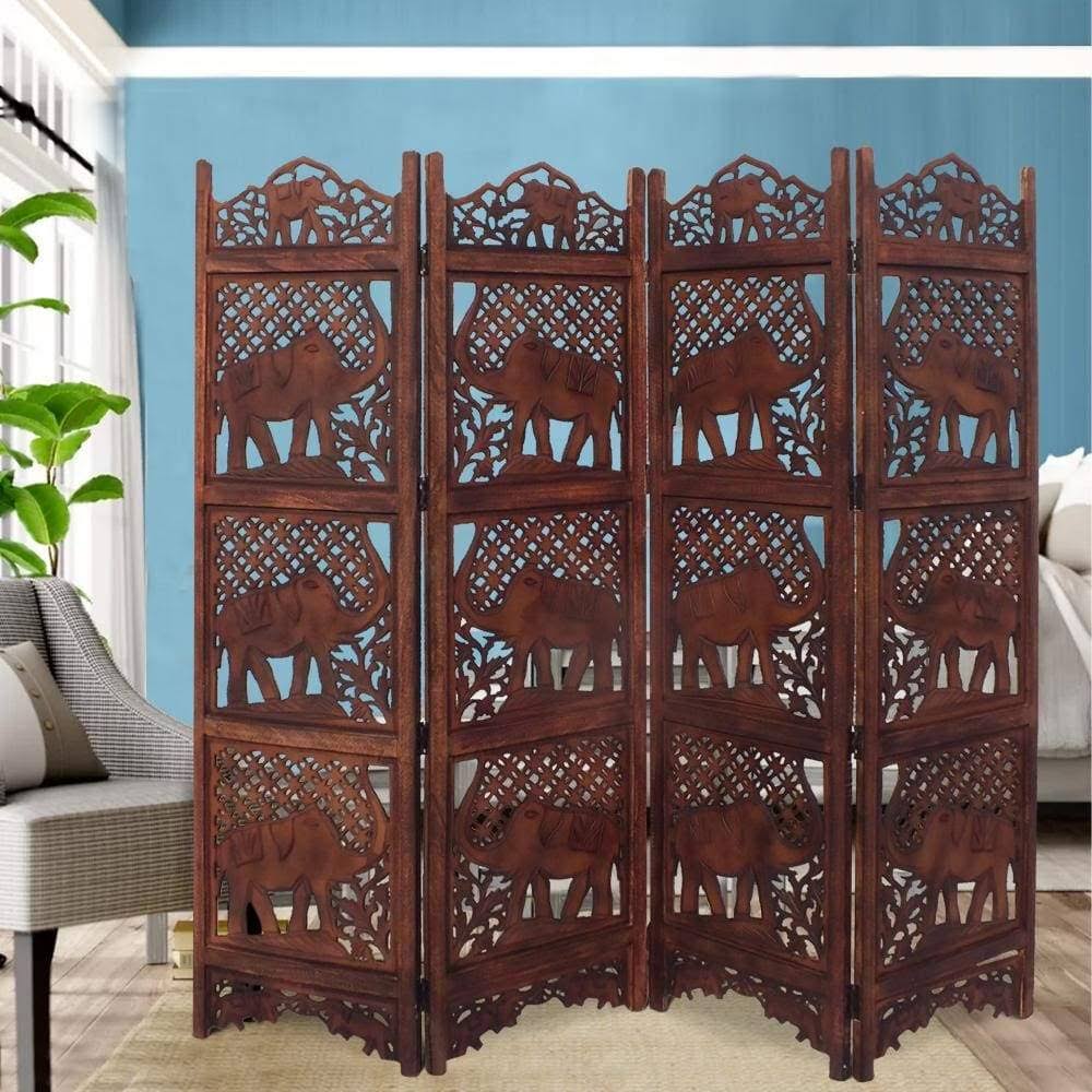 Benzara Carved Screen Elephant Wood Room Divider