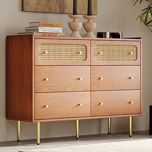 Dresser for Bedroom, Chest of Drawers, 6 Drawer Dresser, Floor Storage Drawer Cabinet for Home Office, Drawer Chest of Drawers Rattan Chest of Drawers Highboard with 6 Drawers (Natural Cherry)