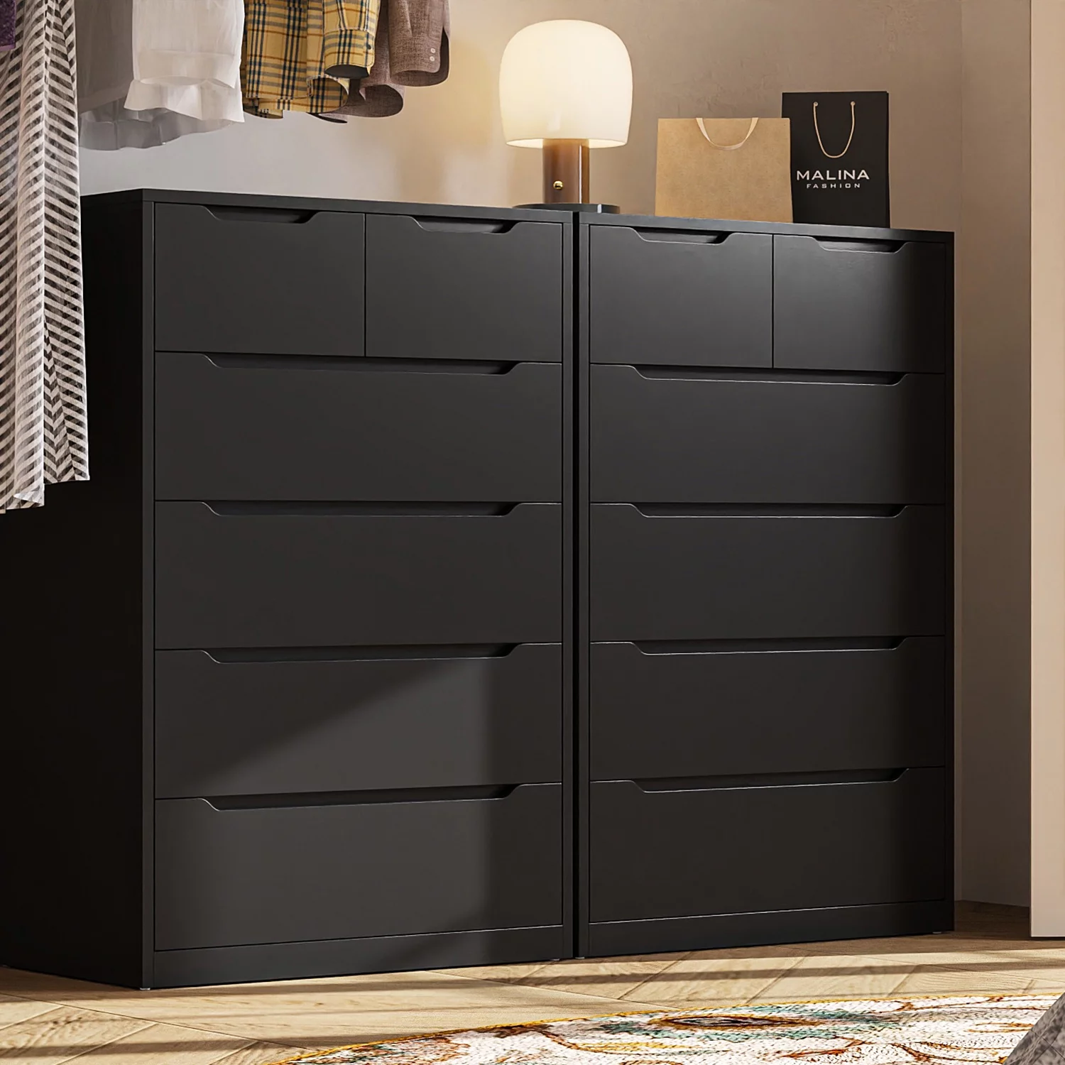 EnHomee Black Tall Dresser Wood 6 Drawer Dressers for Bedroom Wood Chest of Drawers with Smooth Metal Rail Large Dresser Modern Storage Cabinet for Home Office Living Room, 43.3"H x 27.5"L x 15.7"D