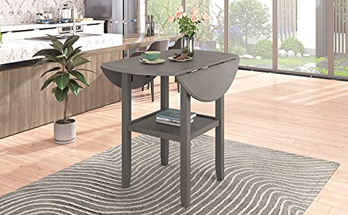 Farmhouse 3 Piece Dining Table and Chairs Set Round Drop Leaf Counter Height Small Space Bistro Bar Kitchen Dining Room Table Set with Storage Shelf 2 Badded backrest Chairs Furniture Set