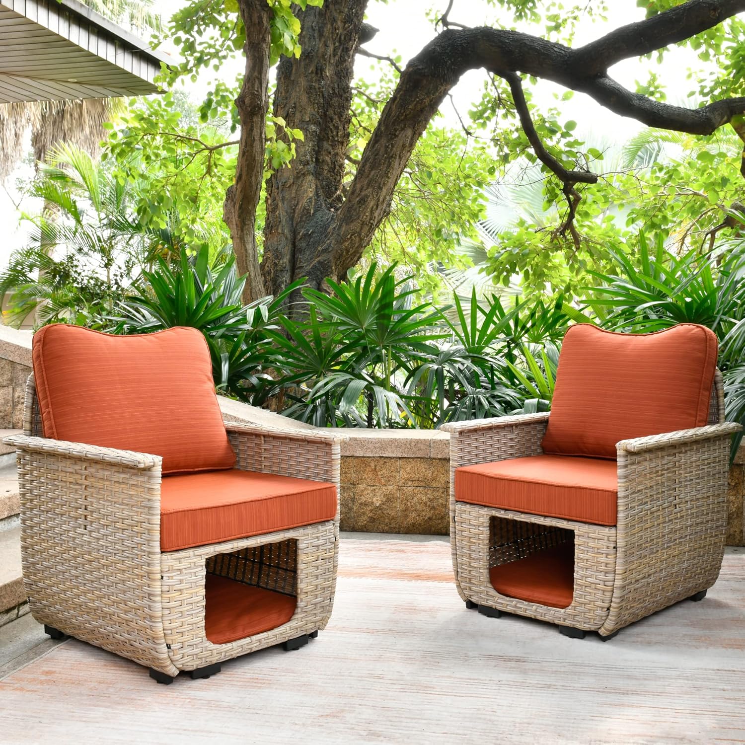 ovios Patio Chair Set Outdoor Furniture Conversation Sets with Pet House Wicker Rattan Sofa Patio Bistro Set High Back Chairs for Porch Deck Backyard (Beige Wicker-Orange Red)