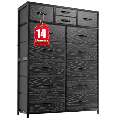 EnHomee Pink Dresser, Tall Dresser with 14 Drawers, Large Bedroom Dressers & Chests of Drawers with Sturdy Metal Frame and Wooden Top, Fabric Dresser for Bedroom, Closet, Living Room, Hallway, Pink