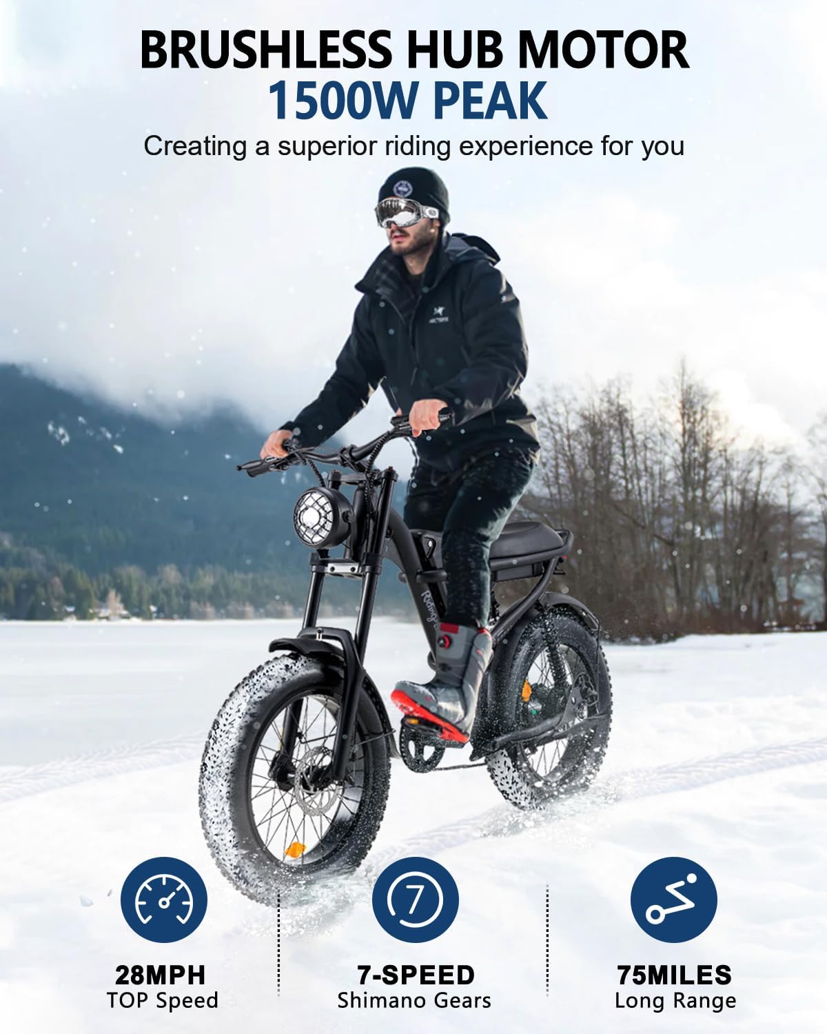 Riding'times Retro Ebike for Adults, 1500W Electric Bike Up to 28MPH & 75Miles, 20 Inch Fat Tire & 6 Layer Full Suspension, 15.6AH Removable Battery, Electric Mountain Bicycle