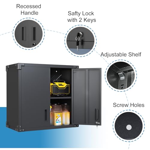 Garage Storage Cabinet Wall Cabinet with 2 Doors,Lockable Tool Cabinets Wall Mounted with Adjustale Shelves,Heavy Duty Steel Hanging Cabinets for Warehouse Kitchen Laundry,Assembly Required