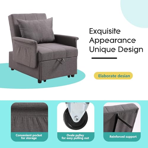 Chair Beds Sleeper 3-in-1 Use, Pull Out Sleeper Chair Bed, Convertible Chairs into Beds with Adjustable Backrest, Side Pockets and Pillow, Sleeper Couch Bed for Small Living Room,PU Leather