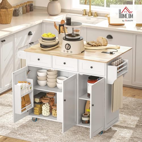 HOMCOM Rolling Kitchen Island with Power Outlet and Drop Leaf, 53" Island Table with Wood Top, 3 Drawers, Adjustable Shelf, Spice & Towel Rack, Kitchen Cart on Wheels, White