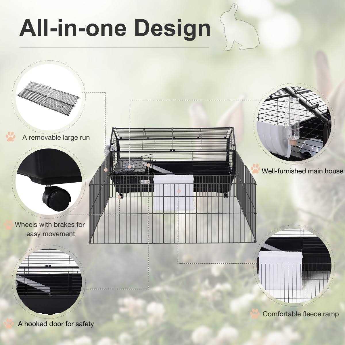 PawHut Rolling Metal Rabbit Guinea Pig or Small Animal Hutch Cage with Main House and Run - Pet Supplies online store
