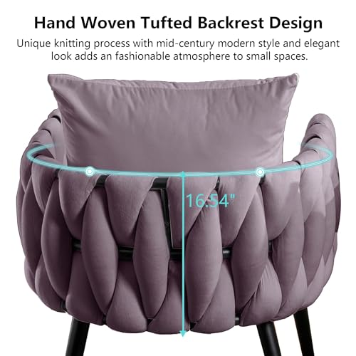 Velvet Dining Chairs Set of 2, Woven Modern Upholstered Kitchen Chairs, Luxury Leisure Desk Chairs with Pillow Metal Legs Makeup Accent Side Chair for Vanity Living Dining Room (Blue, Set of 2)