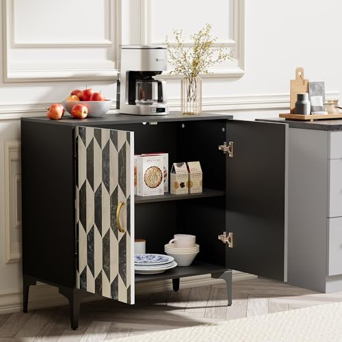 Anbuy Sideboard Buffet 2 Packs Kitchen Storage Cabinet with 4 Faux Marble Doors, Hallway, Liquor/Accent Cabinet with Gold Handles, 27.6 X 15.75X 31.5 Inches, Black