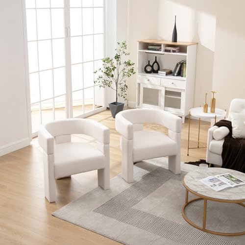 Shunzhi Modern Barrel Accent Chair Linen Upholstered Living Room Accent Chair with Open Back/Arms Comfy Side Chair Single Sofa Chair for Living Room/Bedroom/Reading, Beige