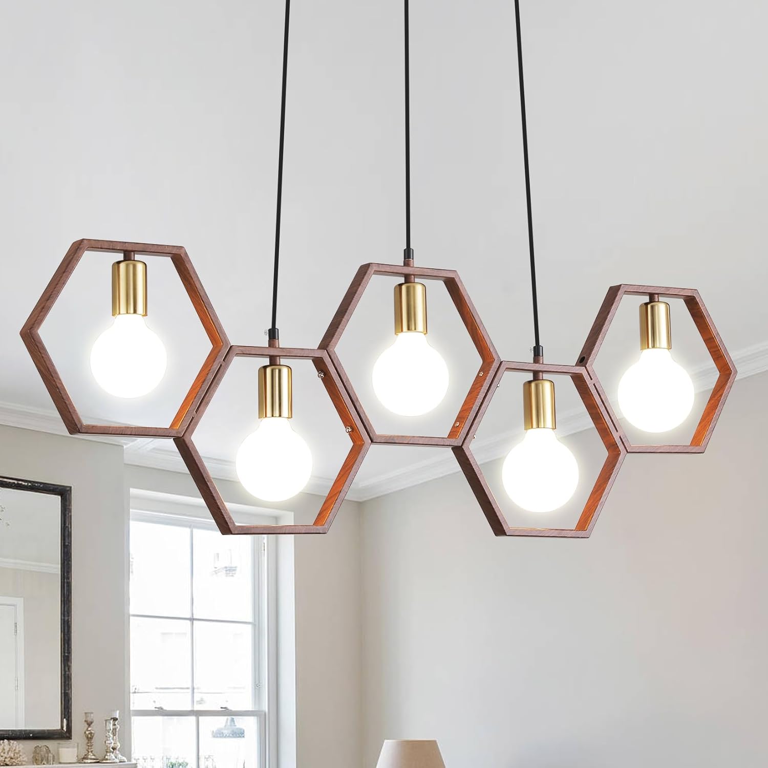 Dining Room Light Fixture Farmhouse Pendant Lights Kitchen Island Rustic Kitchen Light Fixtures 5 Lights Wood Color Black Metal Rectangular Chandelier Ceiling Hanging Lighting 38"