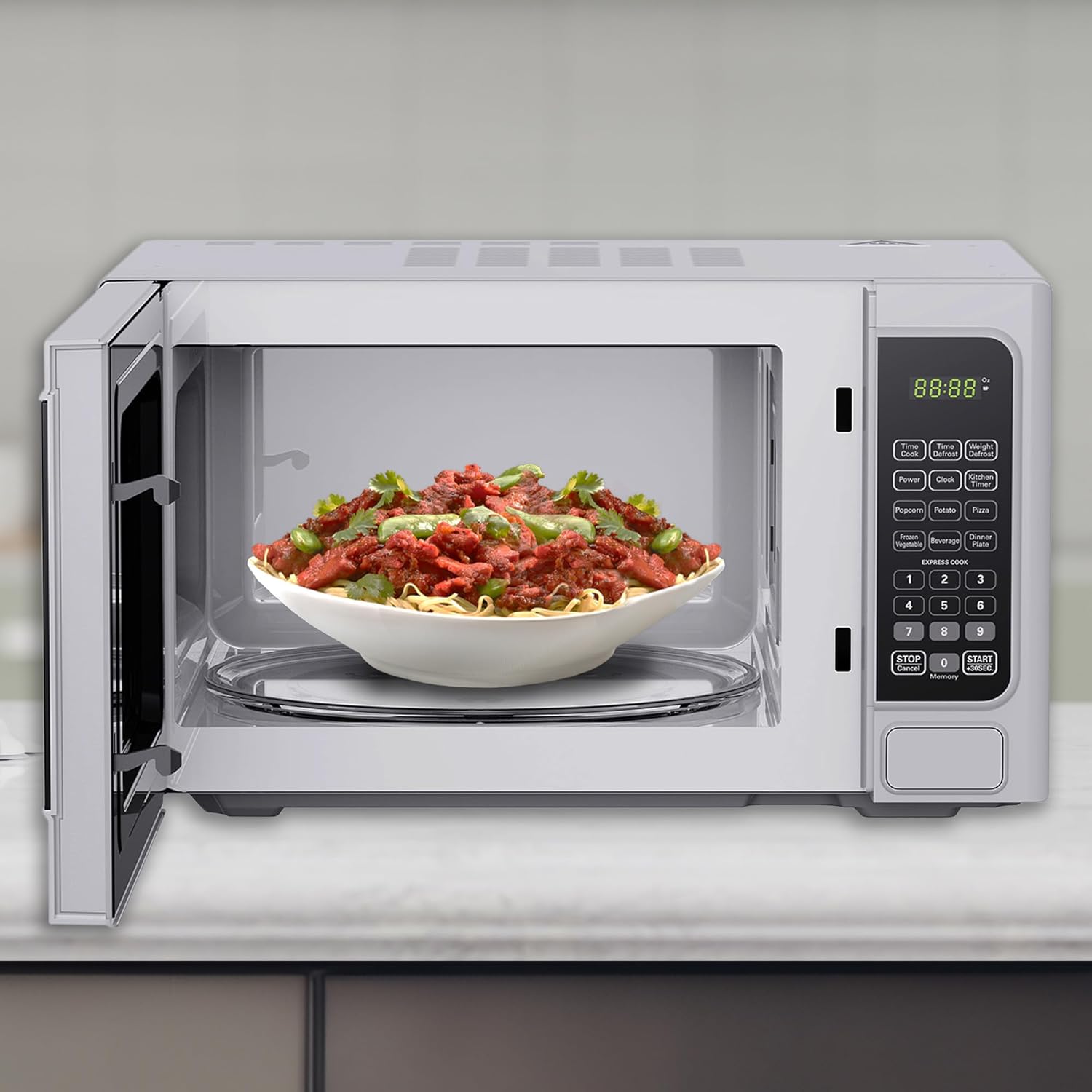 Black+Decker Compact 1000 Watt LED Display Countertop Small Microwave Oven with Turntable, Digital Controls, 6 Cooking Modes, White
