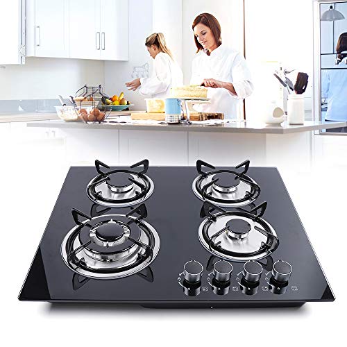 Gas Cooktop with 3 Burners, Countertop Gas Cooktop, Black Tempered Glass Panel Built-in LPG Gas Hob Cooktop, Gas Stove Hob for RV Camper Caravan Outdoor Apartments