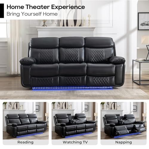Power Reclining Sofa Couch with Wireless Charger, 3 Seaters with Recliner, Faux Leather Electric 3 Seat Sofa Sectional Set with LED light for living room,Home Theater Seating With Drop-Off Table,Black