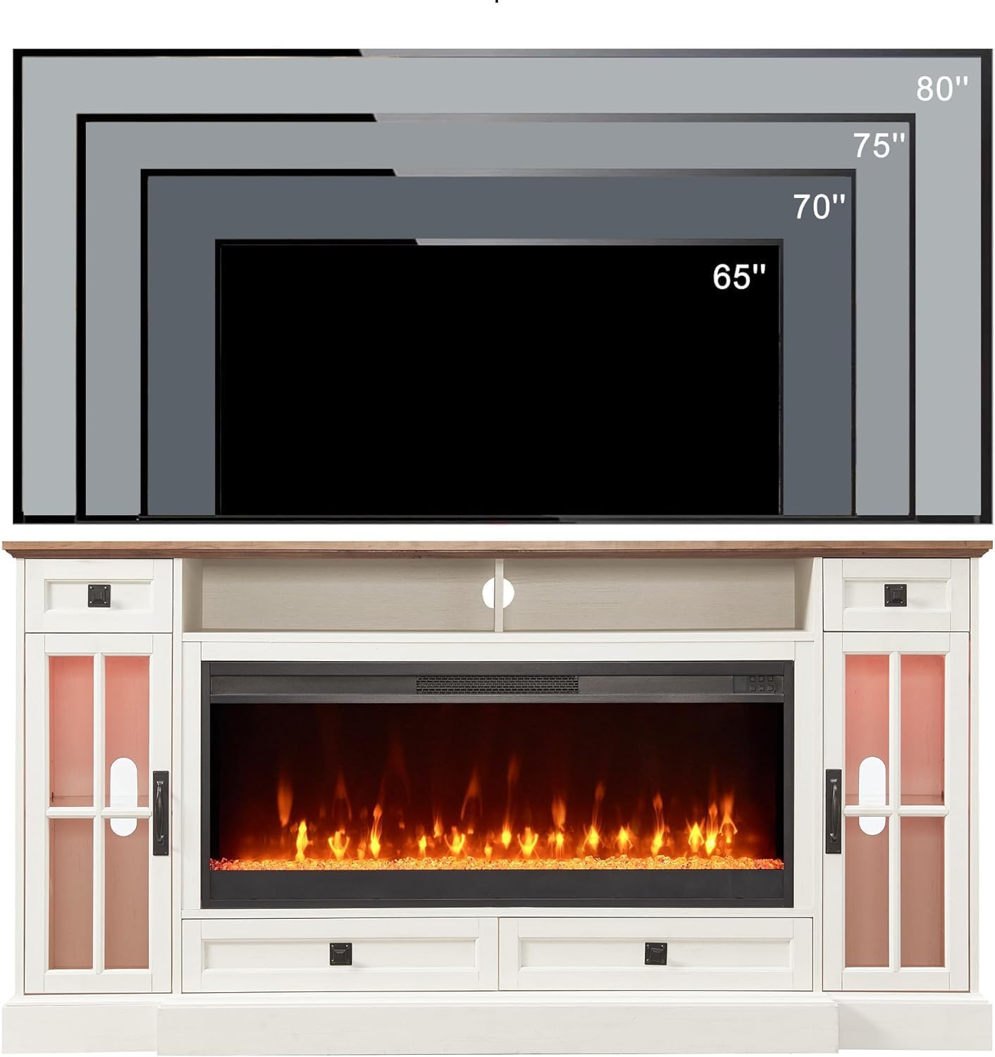 Fireplace TV Stand for 80 Inch TV, Farmhouse Entertainment Center with 42" Fireplace & LED Lights, Modern Media Console Table with Storage Drawers & Cabinets for Living Room, Antique White