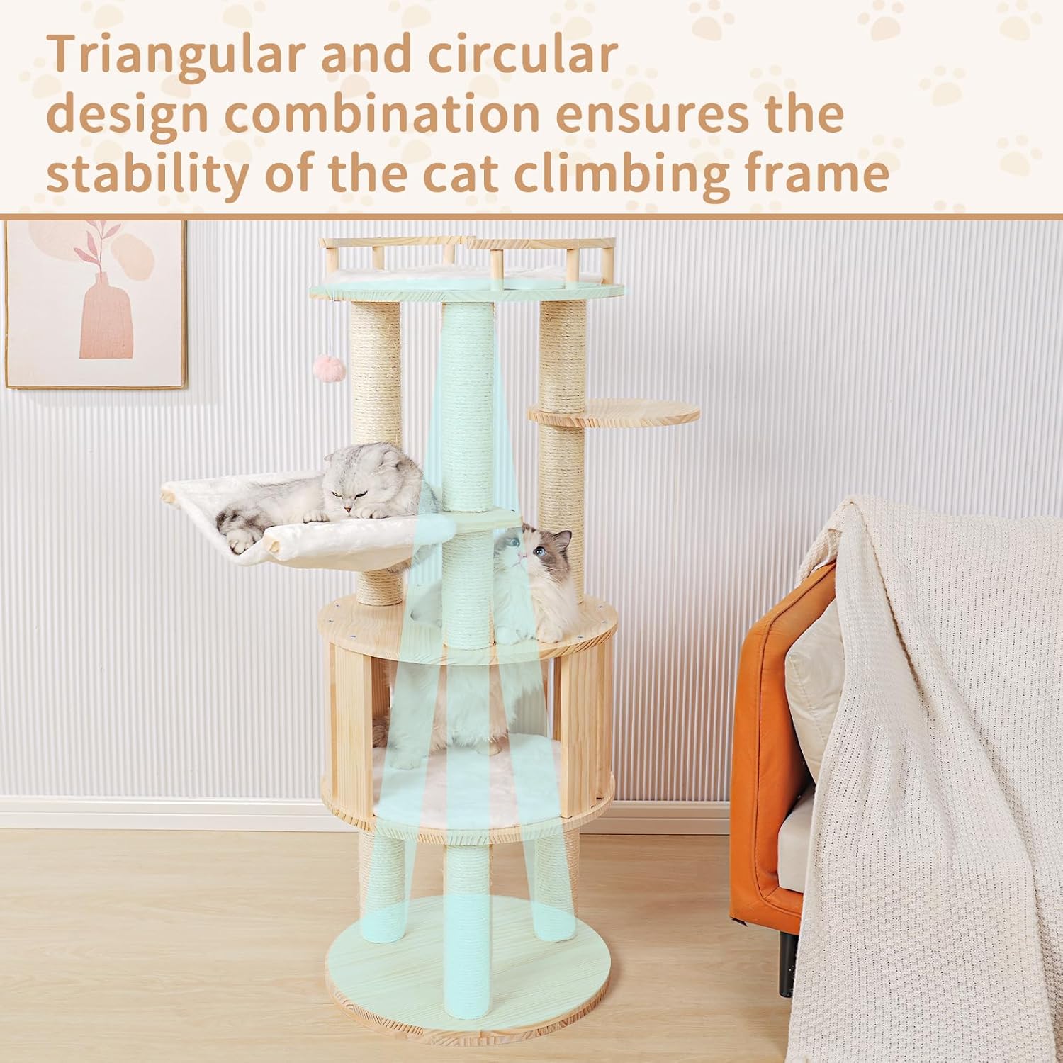 52" Modern Cat Tree Tower for Indoor Cats, Solid Pine Cat Scratching Tree for Multiple Large Cats, Wood Climbing Tower Hammock Post, Unique Design, Easy Clean
