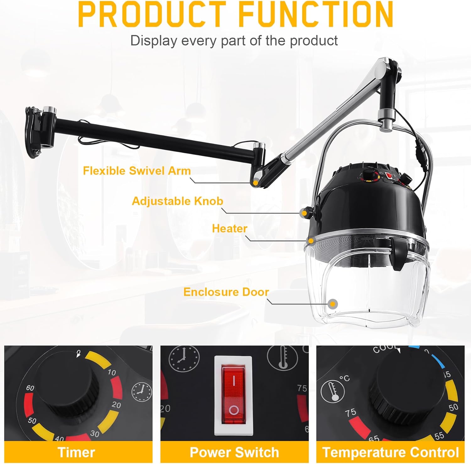 Professional 900W Wall Mounted Hair Dryer with Swivel Arm, Fast Hair Drying Low Noise for Salon, Adjustable Termperature 5-70°C Timer 0-60 Min Hairdryers Black