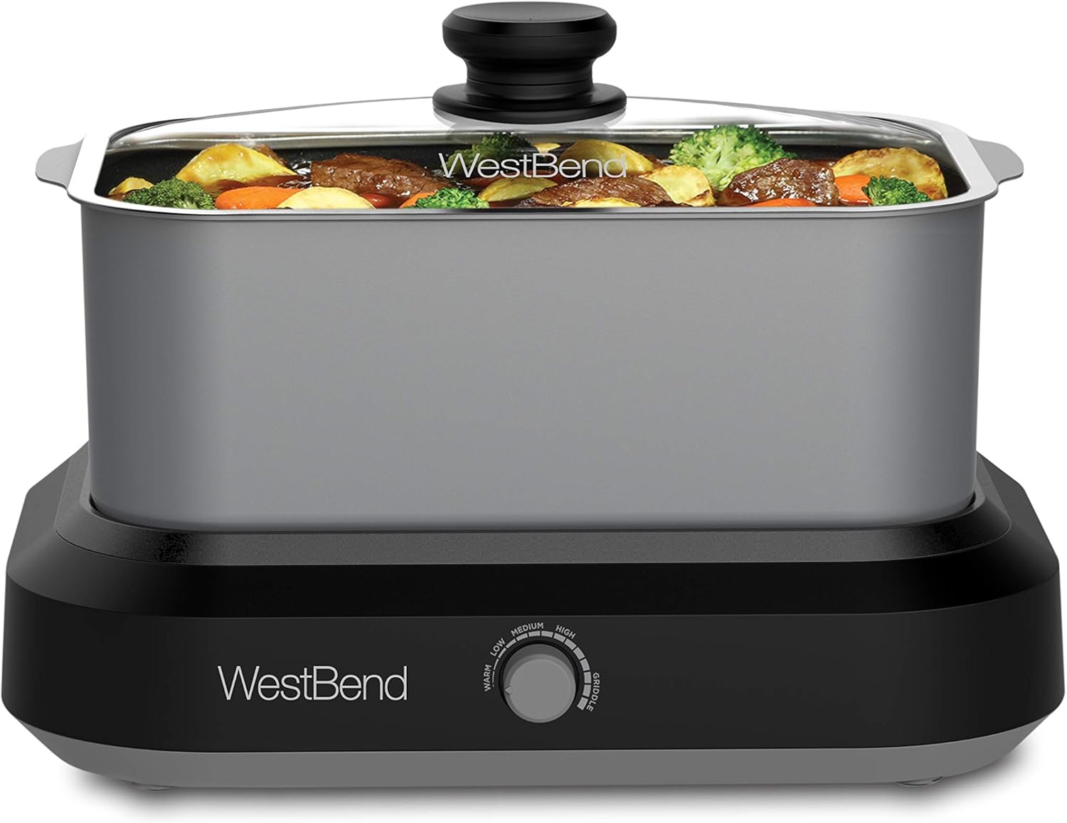 West Bend 87905 Versatility Slow Cooker Large Capacity Non-stick Dishwasher Safe Variable Temperature Control Includes Travel Lid & Thermal Carrying Case, 5-Quart, Silver