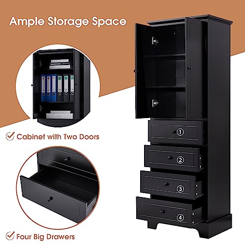 68.1" Tall Storage Cabinet with 2 Doors and 4 Drawers for Bathroom, Office, Pantry Cabinet Cupboard, Adjustable Shelf, MDF Board with Painted Finish, Solid Wood Frame (Black)