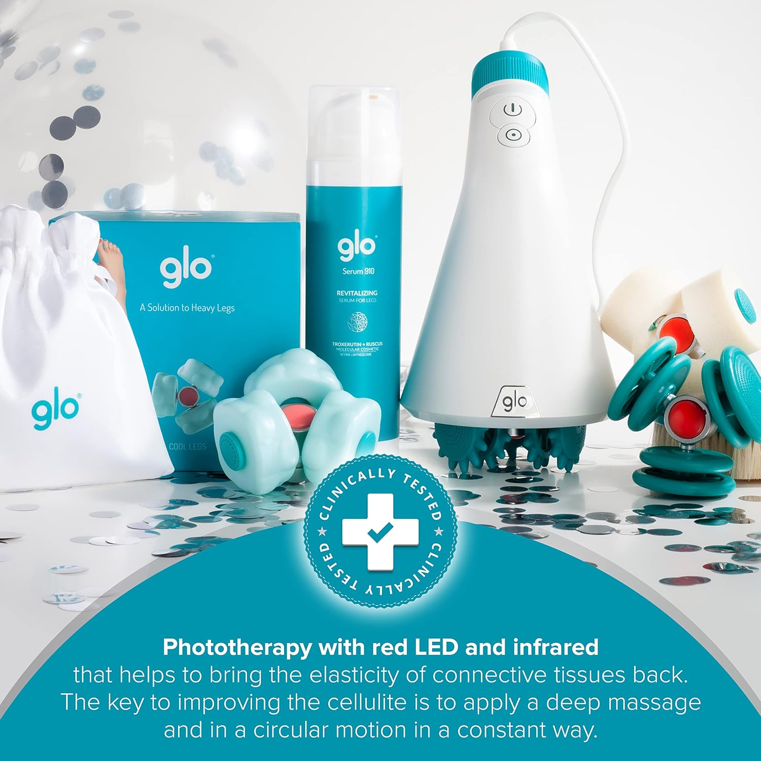 Glo910+ Anti Cellulite & Slimming Massage Machine with 4 Massage Heads with Phototherapy - Fat-burning, Drainage or Exfoliation, Clinically Tested Tool for Toning Legs, Butt, Thighs and Tired Muscles