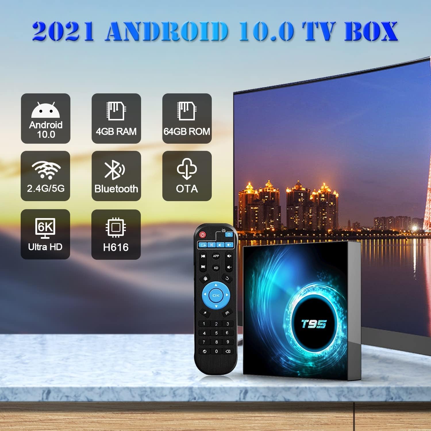 Android 10.0 TV Boxes, T95 Android Box Allwinner H616 Quad-Core with 4GB DDR 64GB ROM Streaming Media Player Support Dual WiFi 2.4GHz/5GHz, 6K 4K Output 100M LAN Enternet Bluetooth5.0 Smart TV Box Pack of 2