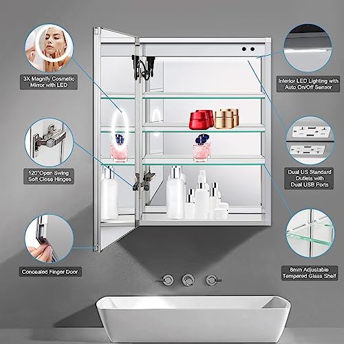 24x30 LED Mirror Medicine Cabinet Recessed or Surface, Defogger, Makeup Mirror 3X, Adjustable Color Temp & Dimmer, Outlets & USB (24x30)